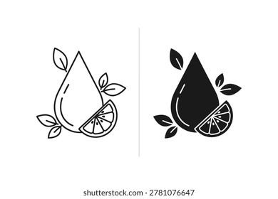 Two minimalist vector illustrations of a water drop with a slice of lemon and leaves. One is line art, the other is a solid silhouette.