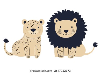 Two minimalist vector lion and cheetah in warm beige, orange, brown, and navy tones with simple shapes and friendly expressions. Ideal for children’s décor, safari themes, nursery prints, web.
