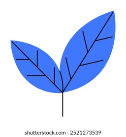 Two minimalistic blue leaves with black veins connected by a straight black stem. Ideal for nature themes, eco-friendly designs, botanical illustrations, simple decoration, and modern vector art. Clea
