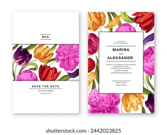 Two minimalistic card templates, wedding invitations, flyers, packaging design with spring floral design. Colorful tulip flowers and pink peony. Realistic hand drawn vector flowers, high detail