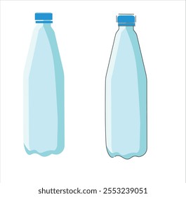 Dos ilustraciones minimalistas de botellas de agua de plástico con tapas azules, representadas en un estilo limpio y moderno. Perfecto para branding, diseño de packaging o gráficos relacionados con bebidas.