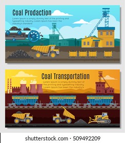 Two mining industry horizontal banners set with coal extracting and transportation conceptual compositions with outdoor scenery vector illustration