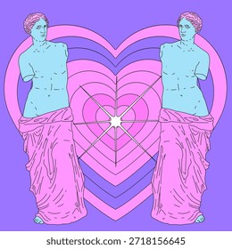 Duas estátuas gregas clássicas espelhadas em turquesa contra um fundo de coração concêntrico rosa e roxo vibrante. Ilustração vetorial conceitual para temas de amor, dualidade, simetria e antiguidade clássica em um estilo ousado de pop art.