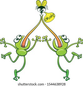 Two mirrored green frogs stick their tongues out to reach a fly. They stretch their bodies to catch the unlucky fly but their long tongues got stuck. The surprised fly says "oh, oh" in a speech bubble
