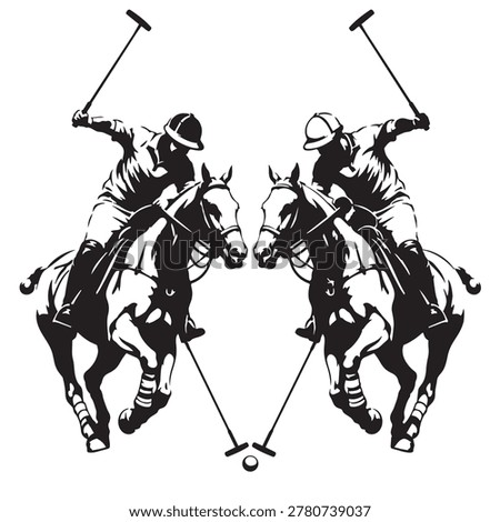 Two mirrored polo players on horseback, in a dynamic black and white silhouette, swinging mallets at a polo ball during a game.