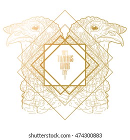 Two mirrored turkey heads drawn in line art style. Thanks giving day vector art in golden colors isolated on white background