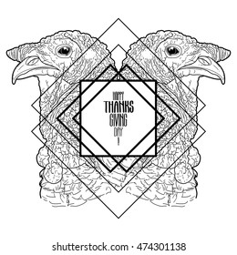 Two mirrored turkey heads drawn in line art style. Thanks giving day vector art isolated on white background. Coloring book page design for adults and kids