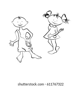 Two mischievous, boy and girl walking barefoot, girlie young artist with pencil and brush, children communicate well and are friends