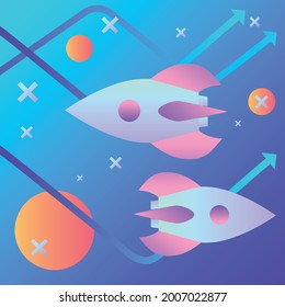 Two missiles flying in different directions. Performing a flight, a mission to achieve goals. For the design of materials, social networks and banners.
