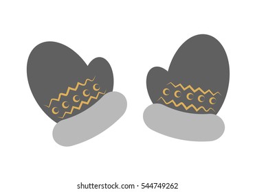 Two mittens in cartoon style isolated on white. Dark grey winter warm clothes for hands with yellow wavy lines and circles, light grey top of them. Vector illustration of xmas knitted gloves.