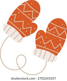 Two mittens connected by a string with zigzag and dot patterns in a flat style. The gloves feature geometric designs and are linked by a cord. Cartoon vector illustration.