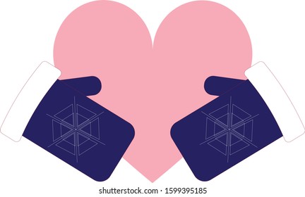 Two mittens holding a heart valentines postcard