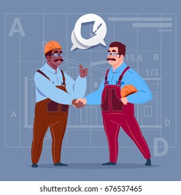 Two Mix Race Builders Shaking Hands Agreement Concept Cartoon Business Man Workman Cooperation Flat Vector Illustration