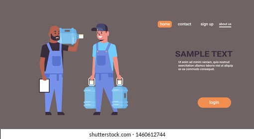 two mix race couriers team in uniform holding plastic bottle of fresh water and receiving form clipboard express delivery service concept flat full length horizontal copy space