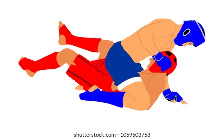 Two mma fighters vector illustration isolated on white background. Mixed martial arts battle. Wrestling, boxing, judo, karate and other skills. Self defense concept.