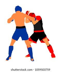 Two mma fighters vector illustration isolated on white background. Mixed martial arts battle. Wrestling, boxing, judo, karate and other skills. Self defense concept.