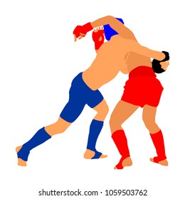 Two mma fighters vector illustration isolated on white background. Mixed martial arts battle. Wrestling, boxing, judo, karate and other skills. Self defense concept.