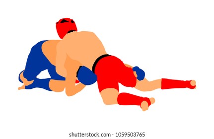 Two mma fighters vector illustration isolated on white background. Mixed martial arts battle. Wrestling, boxing, judo, karate and other skills. Self defense concept.