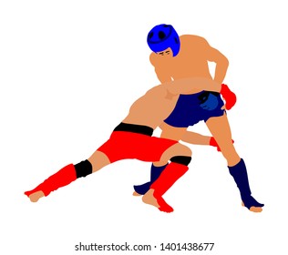 Two mma fighters vector illustration isolated on white background. Mixed martial arts battle. Wrestling, boxing, judo, karate and other skills. Self defense concept.