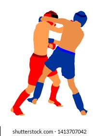Two mma fighters vector illustration isolated on white background. Mixed martial arts battle. Wrestling, boxing, judo, karate and other skills. Self defense concept.