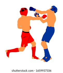 Two MMA fighters vector illustration isolated on white background. Mixed martial arts battle. Wrestling, boxing, judo, karate and other skills. Self defense concept. Battle in octagon.