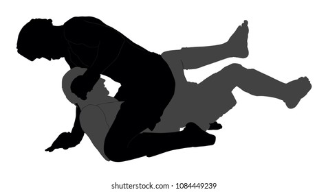 Two mma fighters vector silhouette illustration isolated on white background. Multi martial arts competition. wrestling, ancient skill. Heroes in ring, octagon, battle fight. Fighting in ring.