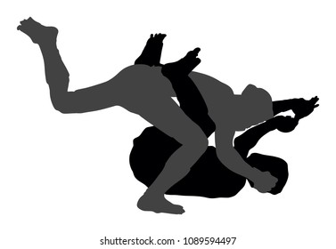 Two mma fighters vector silhouette illustration isolated on white background. Multi martial arts competition. wrestling, ancient skill. Heroes in ring, octagon, battle fight. Fighting in ring.