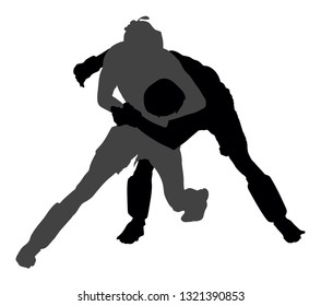 Two mma fighters vector silhouette illustration isolated on white background. Multi martial arts competition. wrestling, ancient skill. Heroes in ring, octagon, battle fight. Fighting in ring.