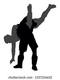 Two mma fighters vector silhouette illustration isolated on white background. Multi martial arts competition. wrestling, ancient skill. Heroes in ring, octagon, battle fight. Fighting in ring.