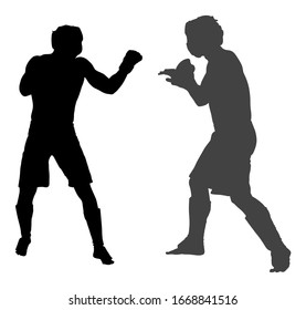 Two MMA fighters vector silhouette isolated on white background. Mixed martial arts battle. Wrestling, boxing, judo, karate and other skills. Self defense concept. Battle in octagon.