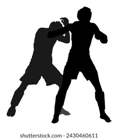 Dos luchadores MMA ilustración de silueta vectorial aislado sobre fondo blanco. Batalla de artes marciales mixtas. Lucha libre, boxeo, judo, karate y otras habilidades. Concepto de autodefensa. Batalla en octógono.