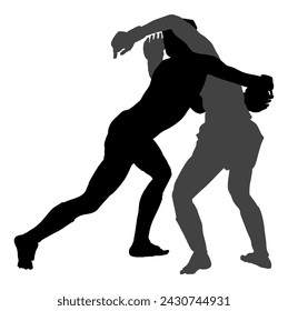 Dos luchadores MMA ilustración de silueta vectorial aislado sobre fondo blanco. Batalla de artes marciales mixtas. Lucha libre, boxeo, judo, karate y otras habilidades. Concepto de autodefensa. Batalla en octógono.