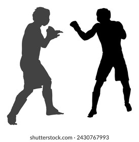 Dos luchadores MMA ilustración de silueta vectorial aislado sobre fondo blanco. Batalla de artes marciales mixtas. Lucha libre, boxeo, judo, karate y otras habilidades. Concepto de autodefensa. Batalla en octógono.