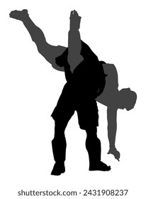 Dos luchadores MMA ilustración de silueta vectorial aislado sobre fondo blanco. Batalla de artes marciales mixtas. Lucha libre, boxeo, judo, karate y otras habilidades. Concepto de autodefensa. Batalla en octógono.