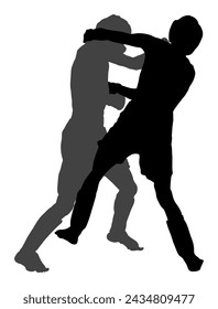 Dos luchadores MMA ilustración de silueta vectorial aislado sobre fondo blanco. Batalla de artes marciales mixtas. Lucha libre, boxeo, judo, karate y otras habilidades. Concepto de autodefensa. Batalla en octógono.