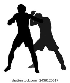 Dos luchadores MMA ilustración de silueta vectorial aislado sobre fondo blanco. Batalla de artes marciales mixtas. Lucha libre, boxeo, judo, karate y otras habilidades. Concepto de autodefensa. Batalla en octógono.