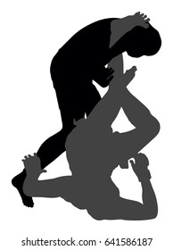 Two mma fighters vector silhouette illustration isolated on white background. Battle competition sport event. Cage rage fight  show. Multi martial arts spectacle.