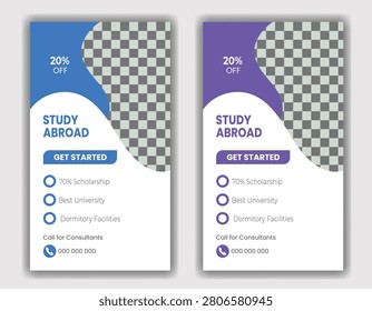 Two mobile app screens showing study abroad promotions with 20 percent discount offers and get started buttons for international education.