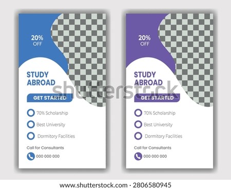 Two mobile app screens showing study abroad promotions with 20 percent discount offers and get started buttons for international education.
