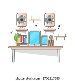 two mobile device with two sound system in above  books flower vas and pencil case flat design