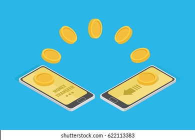 Two mobile devices send money to each other in the form of gold coins e-commerce concept. Isometric flat vector illustration