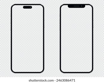 Two mobile phone frame with transparent screen isolated on transparent background