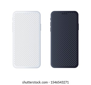 Two mobile phone mock up white and black with transparent screen. Vector cell smartphone template for web and ui app presentation.