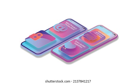 Two mobile phones in isometry with gradient icons of the mobile interface. Vector banner