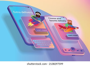 Two mobile phones in space and a cartoon delivery app interface. Vector banner