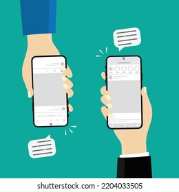 two mobile phones with text, Communication concept on green  background. Social network concept. Cartoon flat vector illustration.