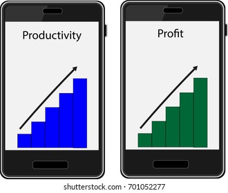 two mobile smart phones with rising column graphs showing productivity and profit