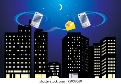 Two mobile telephones on the background of night city. Vector