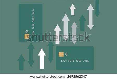 Two mock credit or debit cards are seen with arrows indicating up and down in a vector images about credit cards.