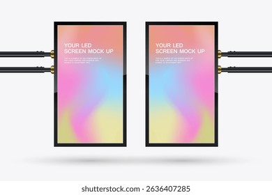 Two mock-up simulates a real hanging screens, perfect for showcasing advertisements, announcements, or digital content in indoor spaces. vector illustration